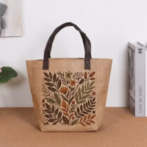 Floral Print Jute Tote Bag Reusable Shopping Bag with Leather Handles for Grocery Picnic Beach